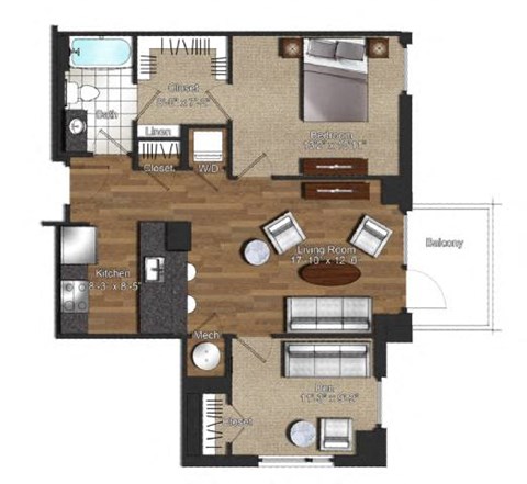 Floor plan for 1 bed, 1 bath, 815 sqft